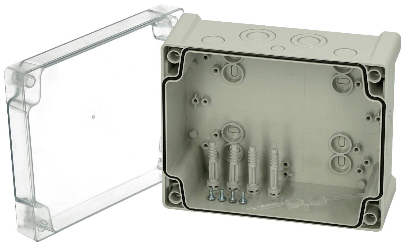 Geöffneter grauer Verteilerkasten mit transparentem Deckel. Sichtbar sind Schrauben und Anschlüsse an der Innenseite.