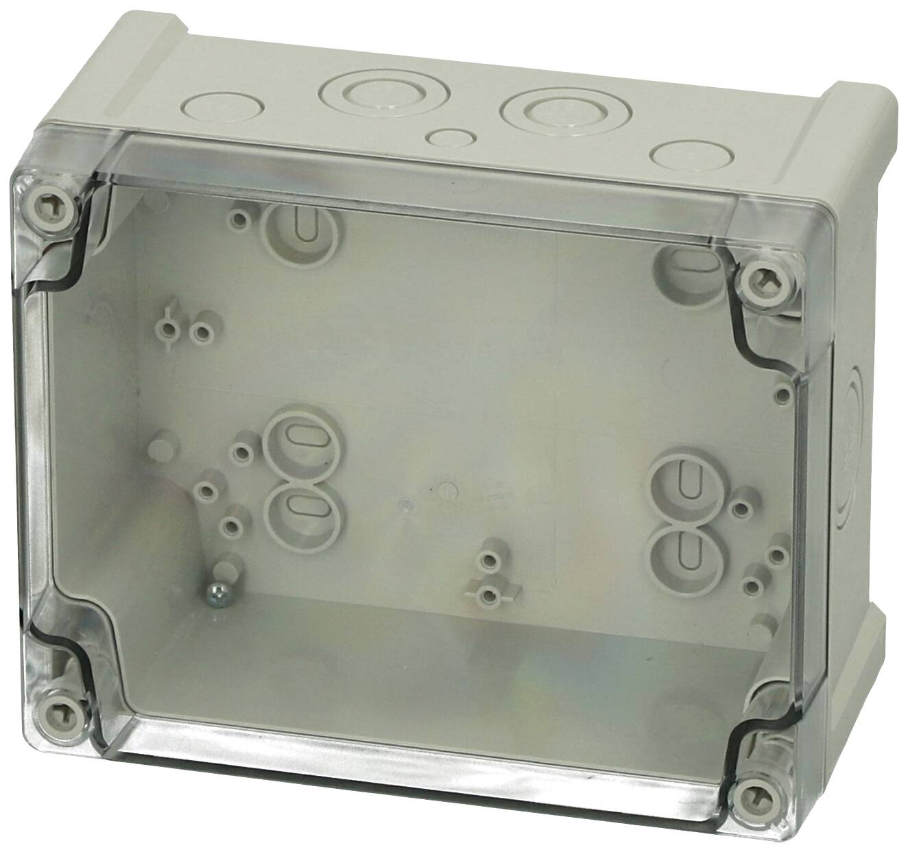 Ein rechteckiges, graues Kunststoffgehäuse mit durchsichtiger Abdeckung, geeignet für elektrische Installationen und Verkabelung.