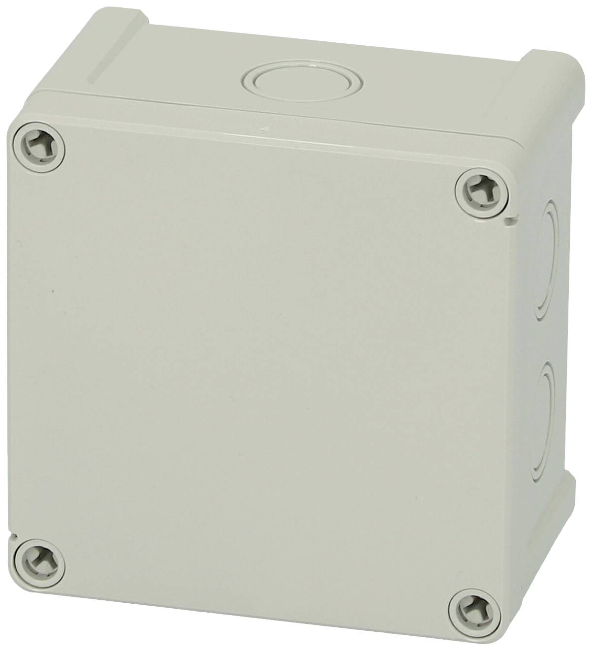 Graue, rechteckige Abzweigdose mit vier Schrauben an den Ecken und zwei runden Öffnungen an der Seite zur Kabeldurchführung.