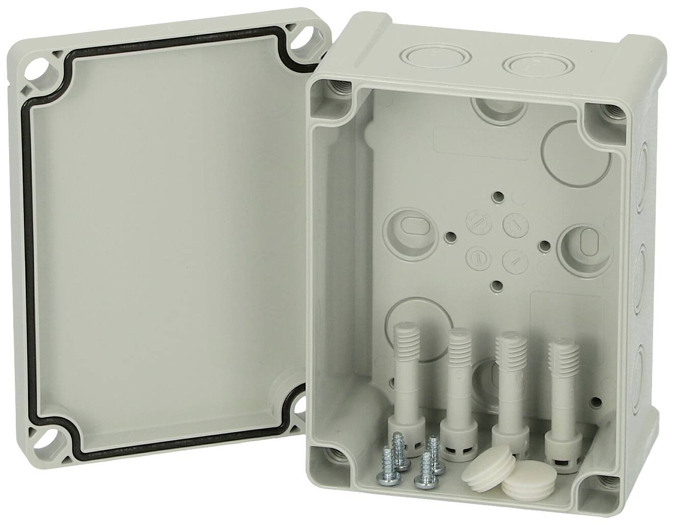 Graue Anschlussdose aus Kunststoff mit geöffnetem Deckel. Im Inneren befinden sich vier Kabelverschraubungen und Schrauben.