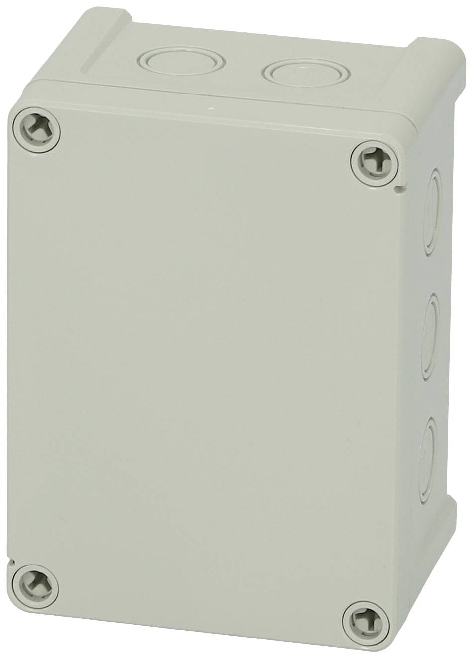 Graues, rechteckiges Kunststoffgehäuse mit abgeschrägten Kanten und Schrauben an den Ecken, wahrscheinlich ein Elektronik- oder Anschlusskasten.