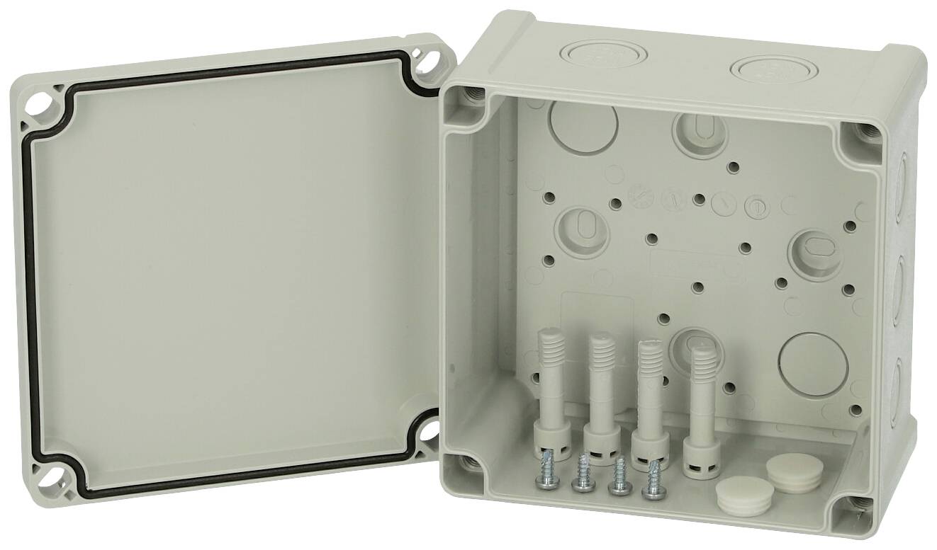 Ein geöffneter grauer Kunststoffanschlusskasten zeigt mehrere Einlassöffnungen und Kabelverschraubungen zur sicheren Verdrahtung.