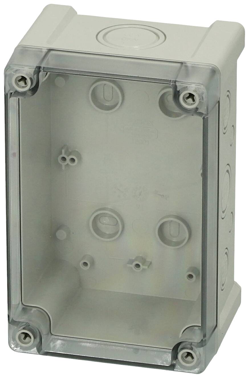 Graues, rechteckiges Kunststoffgehäuse mit abnehmbarer, transparenter Abdeckung, geeignet zur Elektronikinstallation.