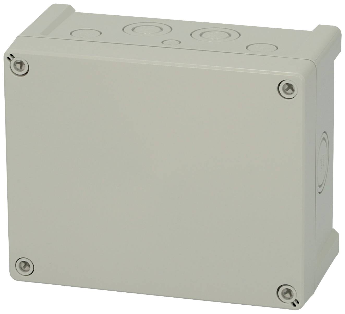 Eine graue Kunststoff-Abzweigdose mit vier Schrauben, geeignet für elektrische Installationen und Schutz von Verbindungen.