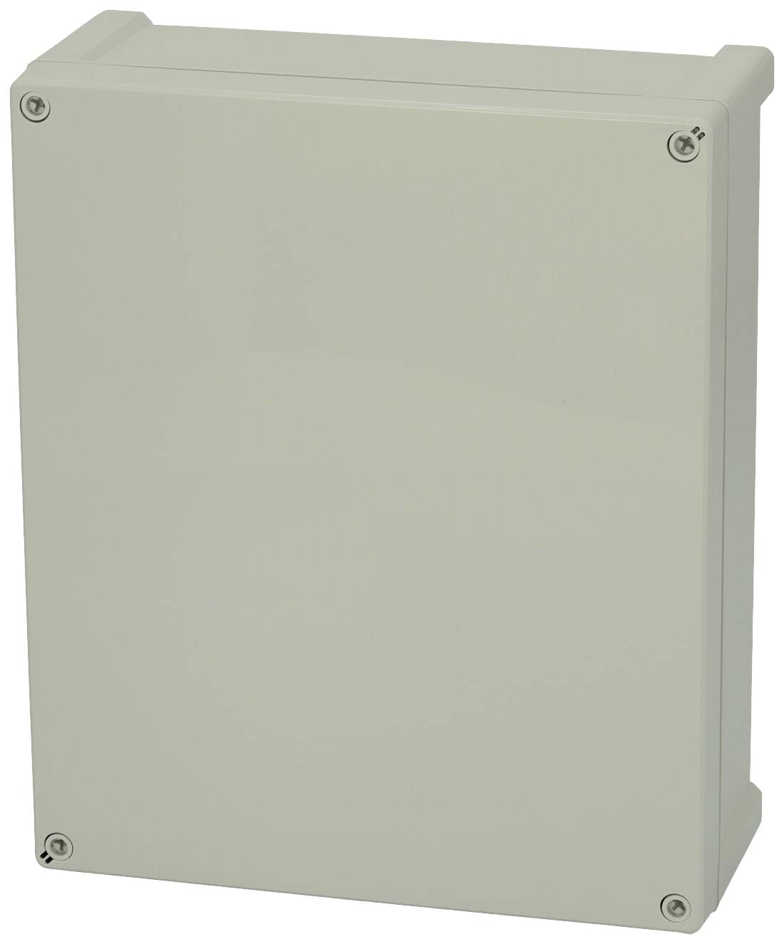 Ein rechteckiges, hellgraues Gehäuse mit abgerundeten Kanten und vier sichtbaren Schrauben an den Ecken.