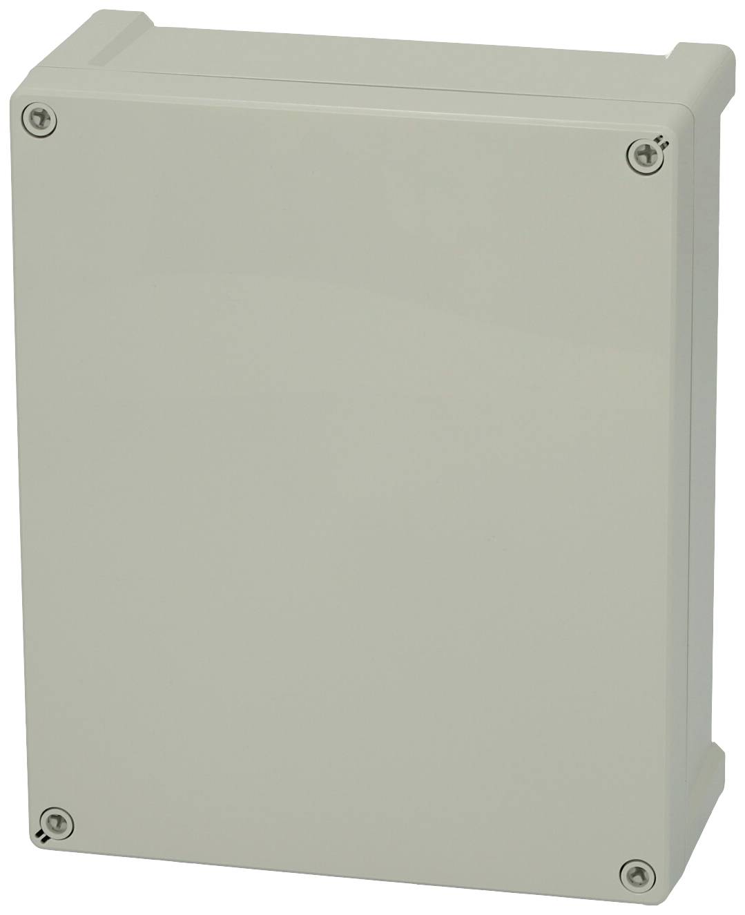 Ein rechteckiges, graues Gehäuse mit vier Schrauben an den Ecken. Es dient zur sicheren Unterbringung von elektrischen Komponenten.