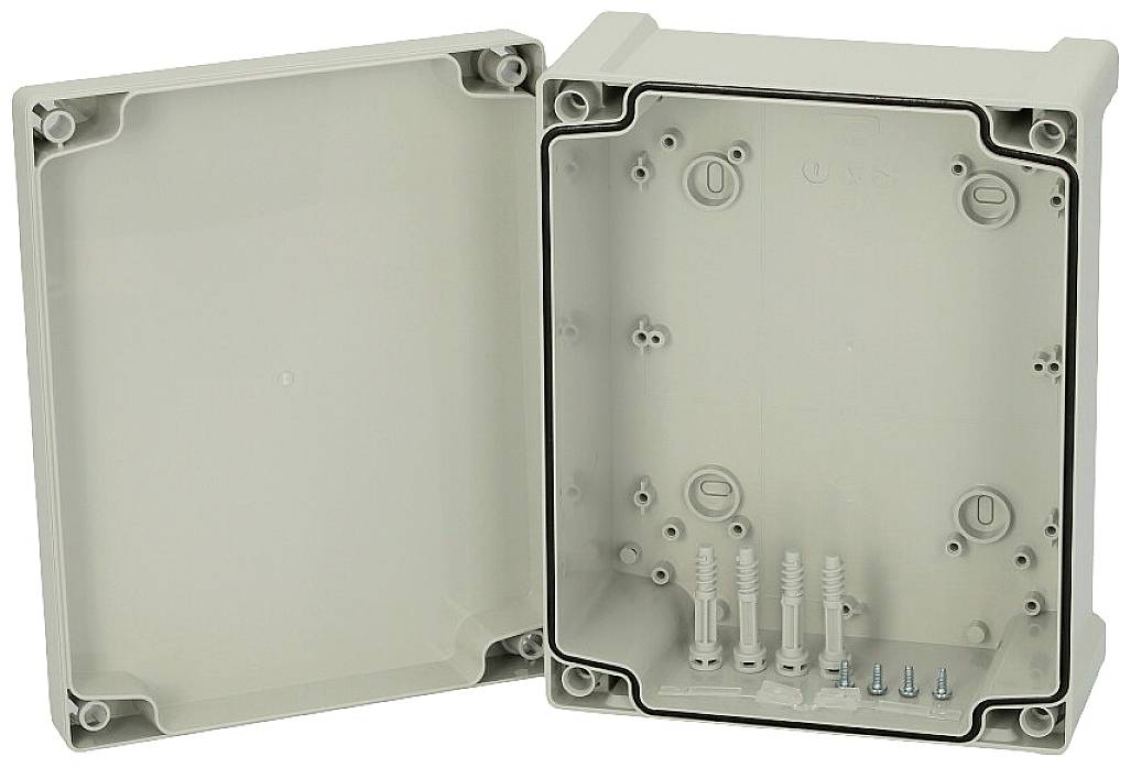 Geöffneter grauer Kunststoffanschlusskasten mit Schrauben und Dübeln auf der Innenseite.