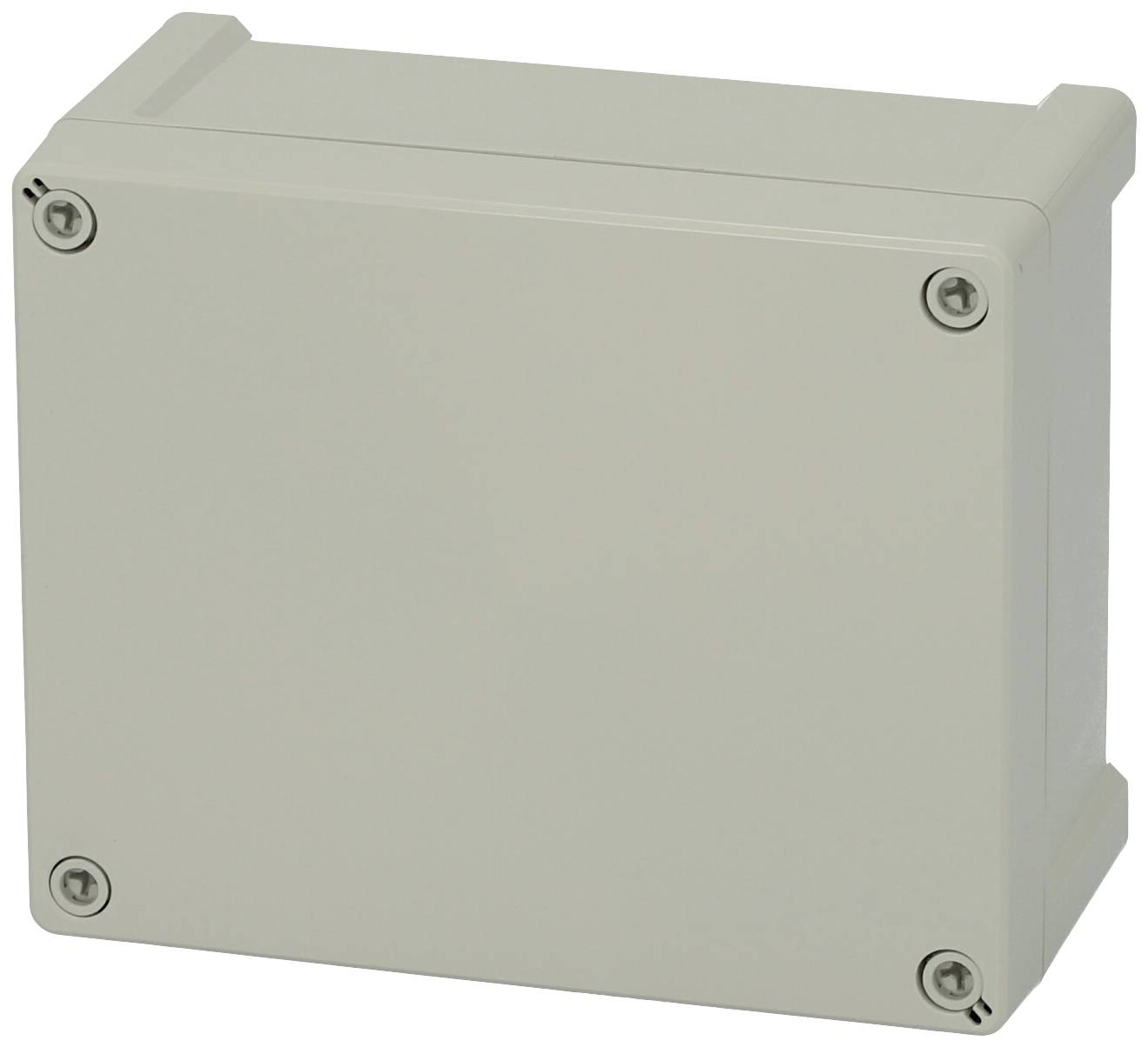 Eine rechteckige, graue Kunststoffkiste mit Schrauben an den vier Ecken, vermutlich ein Gehäuse für elektronische Komponenten.