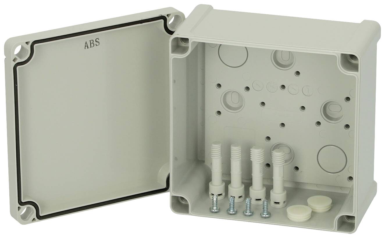 Eine graue Kunststoff-Verbindungsdose mit geöffnetem Deckel, zeigt Innenansicht mit vier Kabeldurchführungen und Montageschrauben.