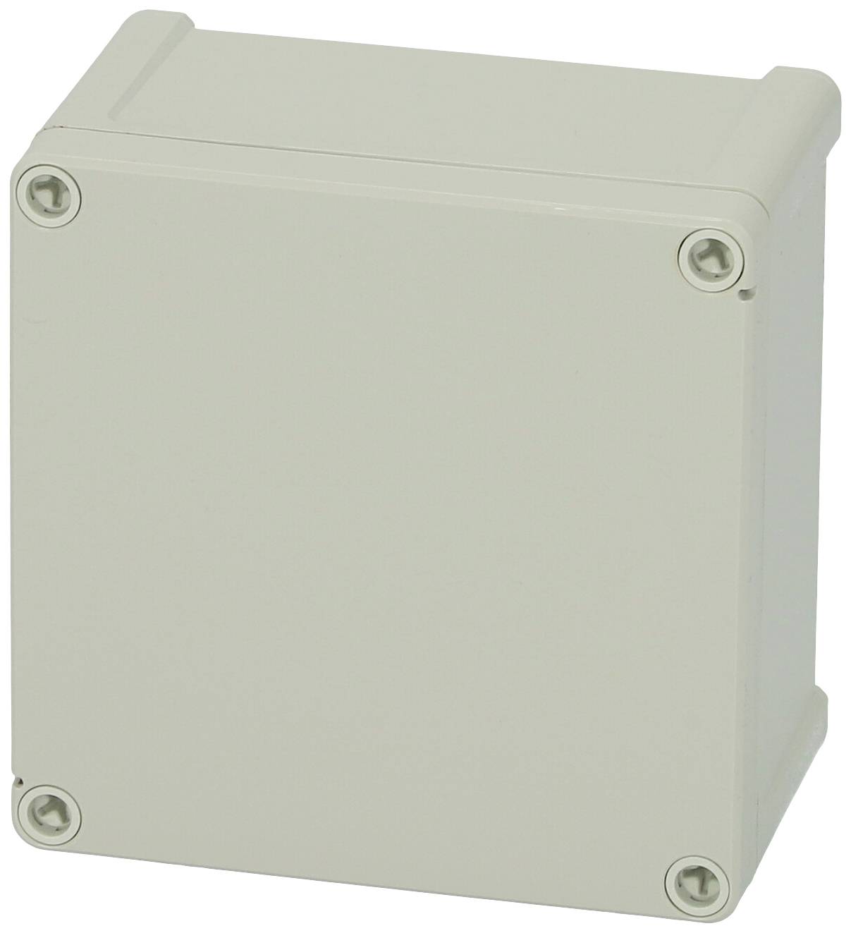 Ein rechteckiges, graues Kunststoffgehäuse mit abgerundeten Ecken und vier sichtbaren Schrauben an jeder Ecke.