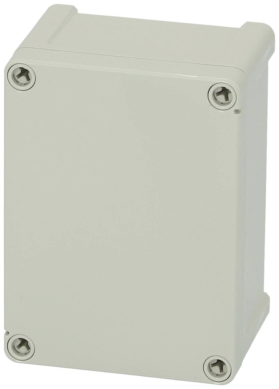 Ein rechteckiges, hellgraues Kunststoffgehäuse mit vier Schrauben an den Ecken. Es wird oft für elektrische Komponenten verwendet.