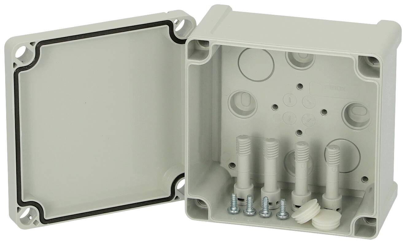Eine graue, geöffnete Abzweigdose mit vier Kabeldurchführungen und Schrauben, gezeigt vor einem neutralen Hintergrund.