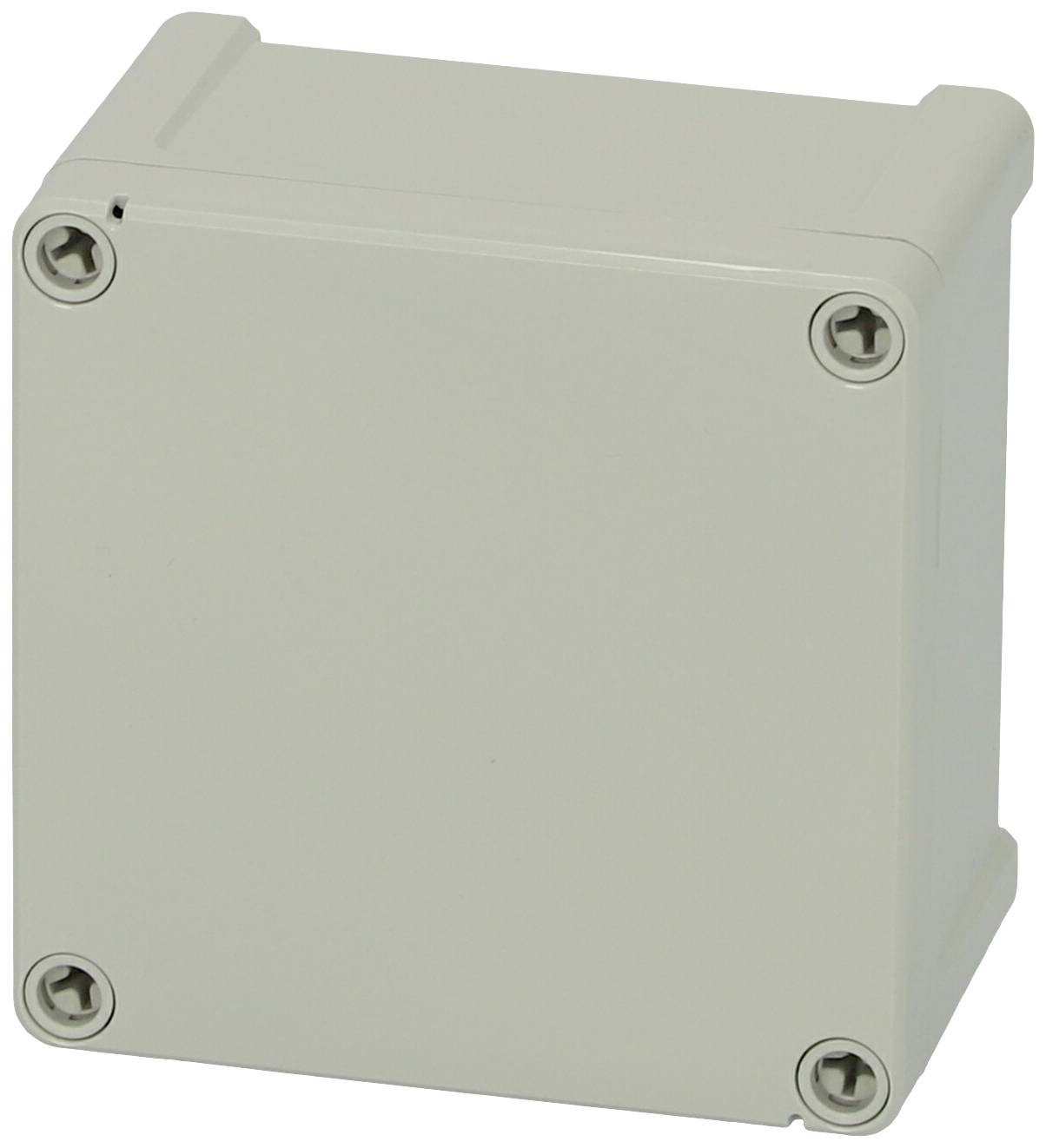 Ein rechteckiges, graues Gehäuse mit vier Schrauben in den Ecken, möglicherweise ein Schutzkasten oder Anschlusskasten.