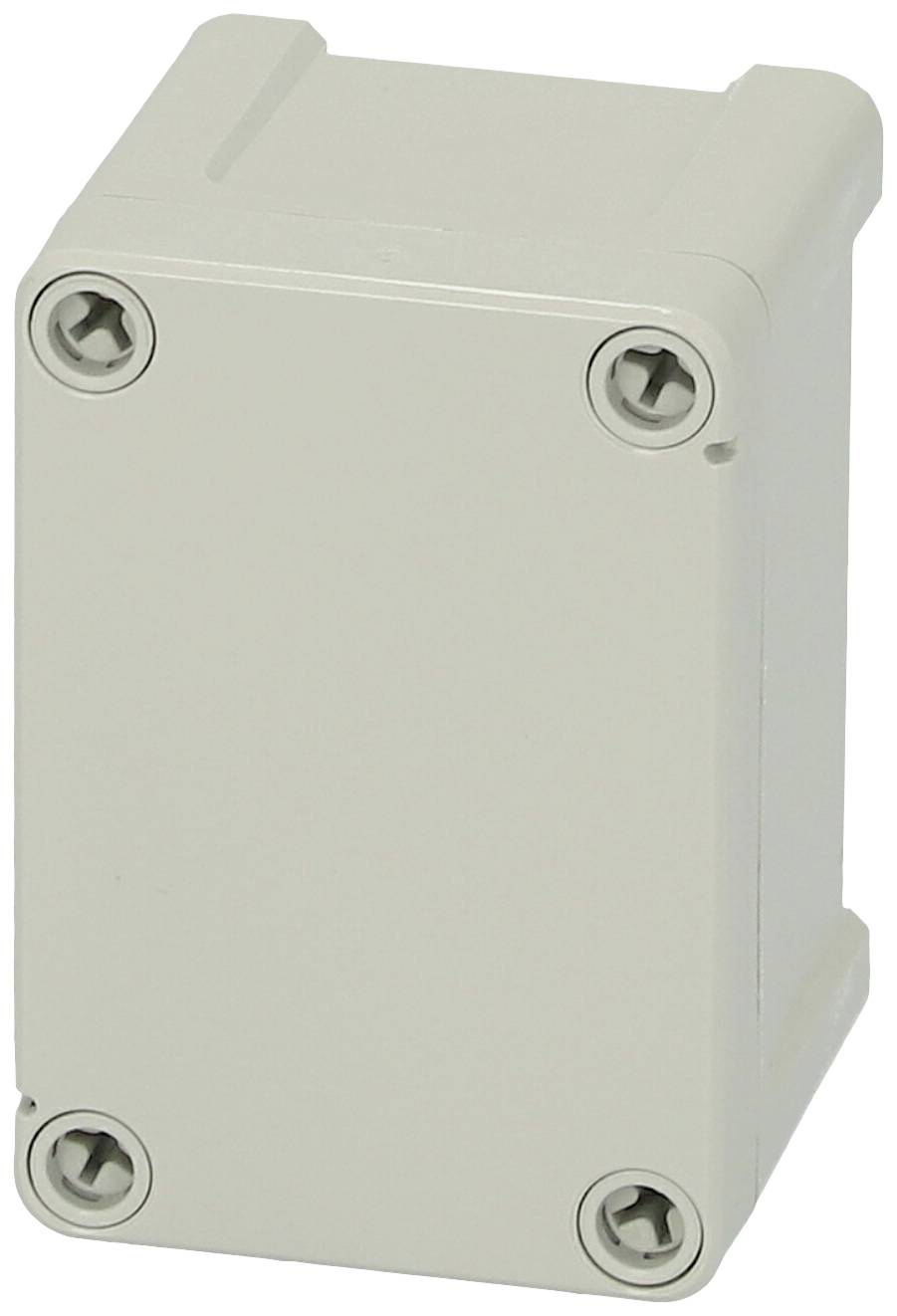 Ein kleines, rechteckiges, graues Kunststoffgehäuse mit abgerundeten Ecken und vier Schrauben in jeder Ecke zur Befestigung.