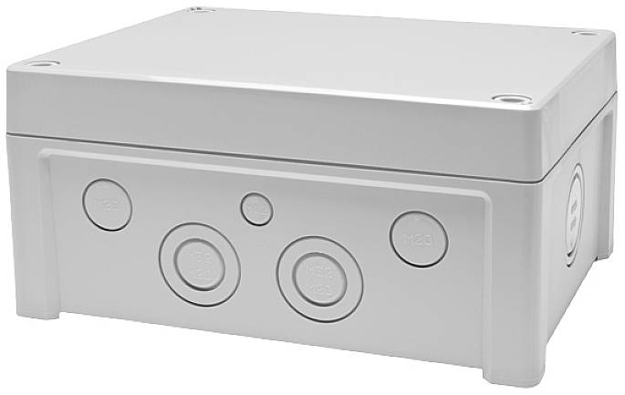 Ein rechteckiger, grauer Anschlusskasten mit abgerundeten Ecken und mehreren runden Kabeleinführungen an den Seiten.