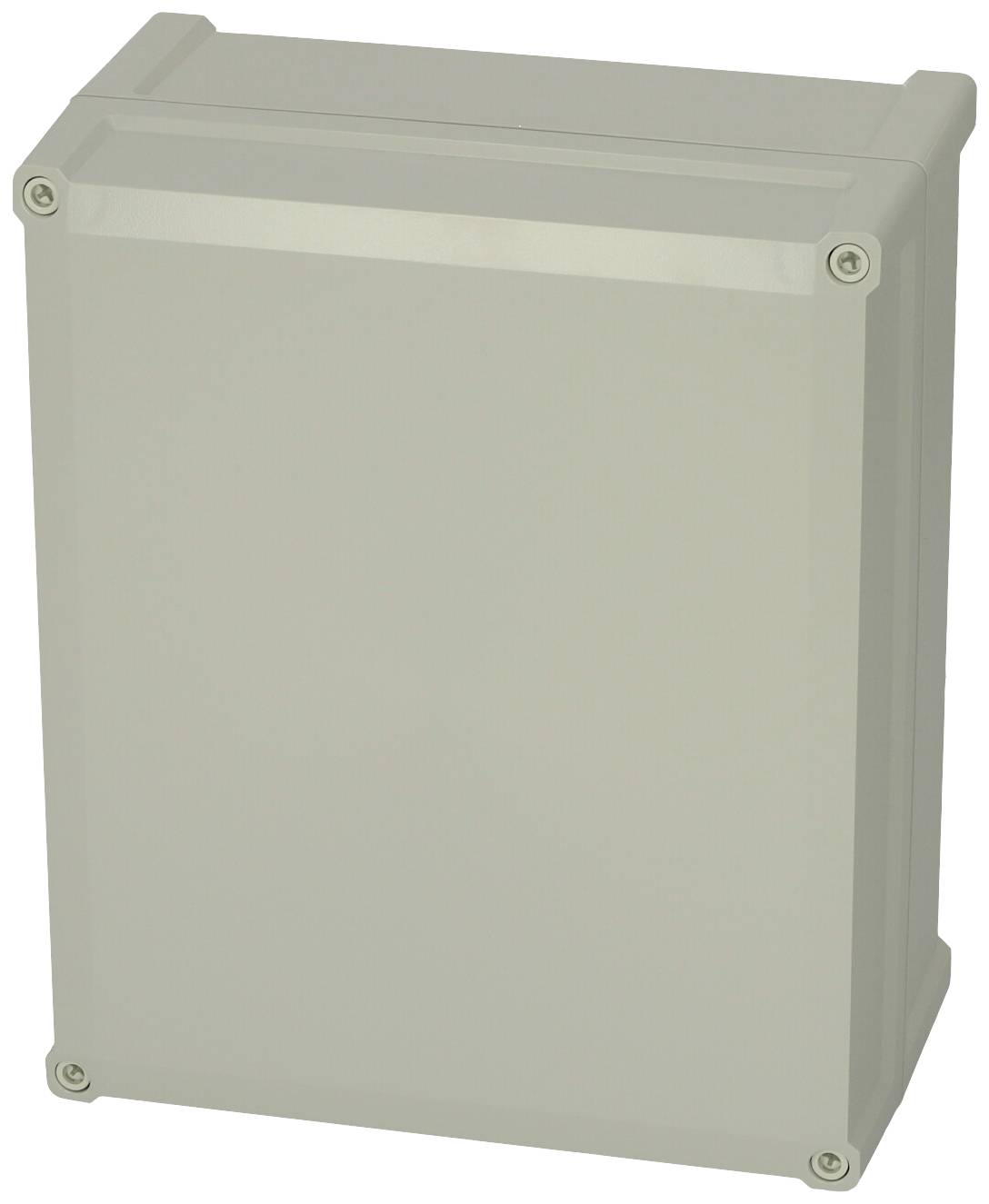 Graues elektrisches Gehäuse mit rechteckiger Form und vier Schrauben an den Ecken.