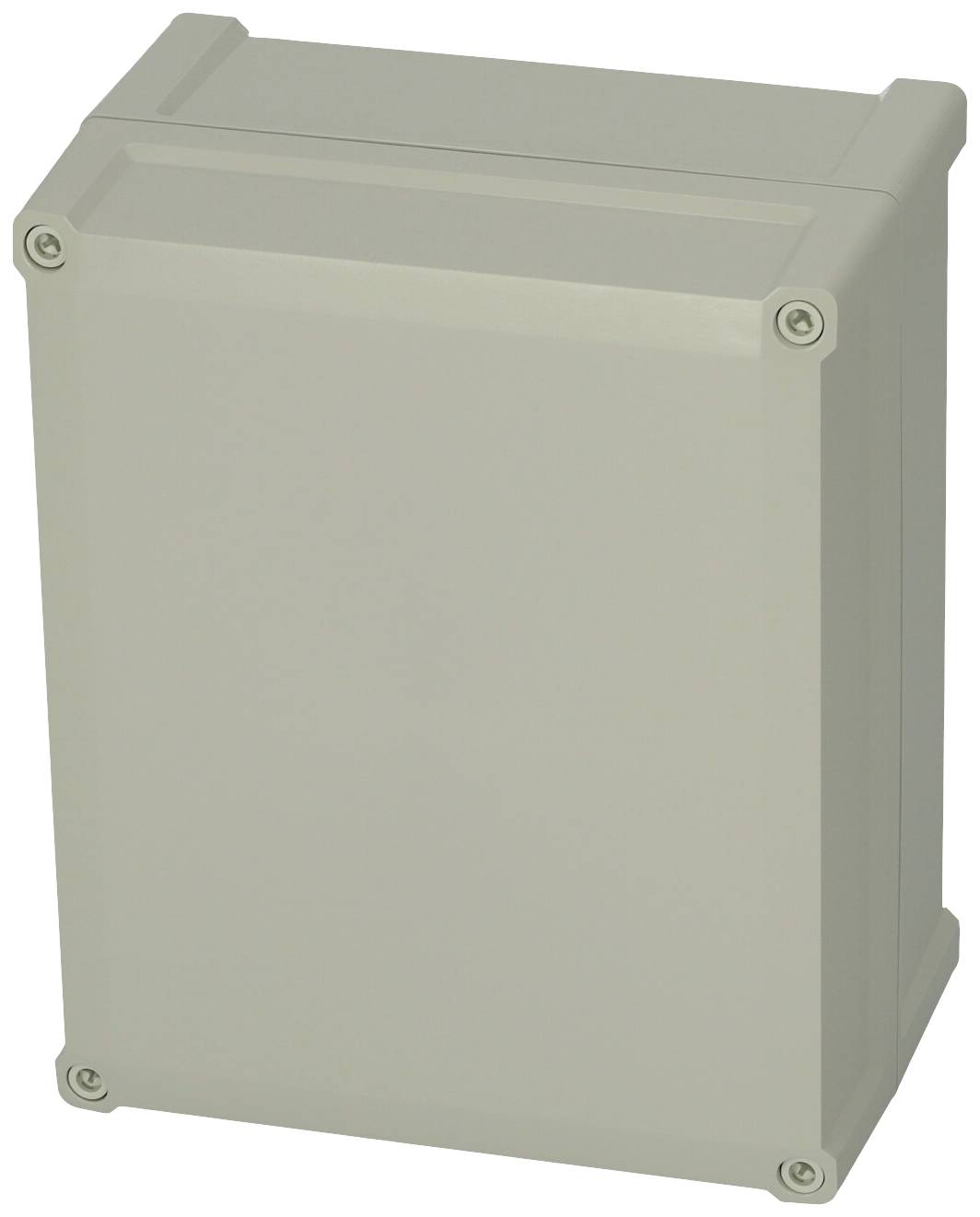 Ein rechteckiges, graues Kunststoffgehäuse mit abgerundeten Ecken und sichtbaren Schraubverschlüssen an den Ecken.