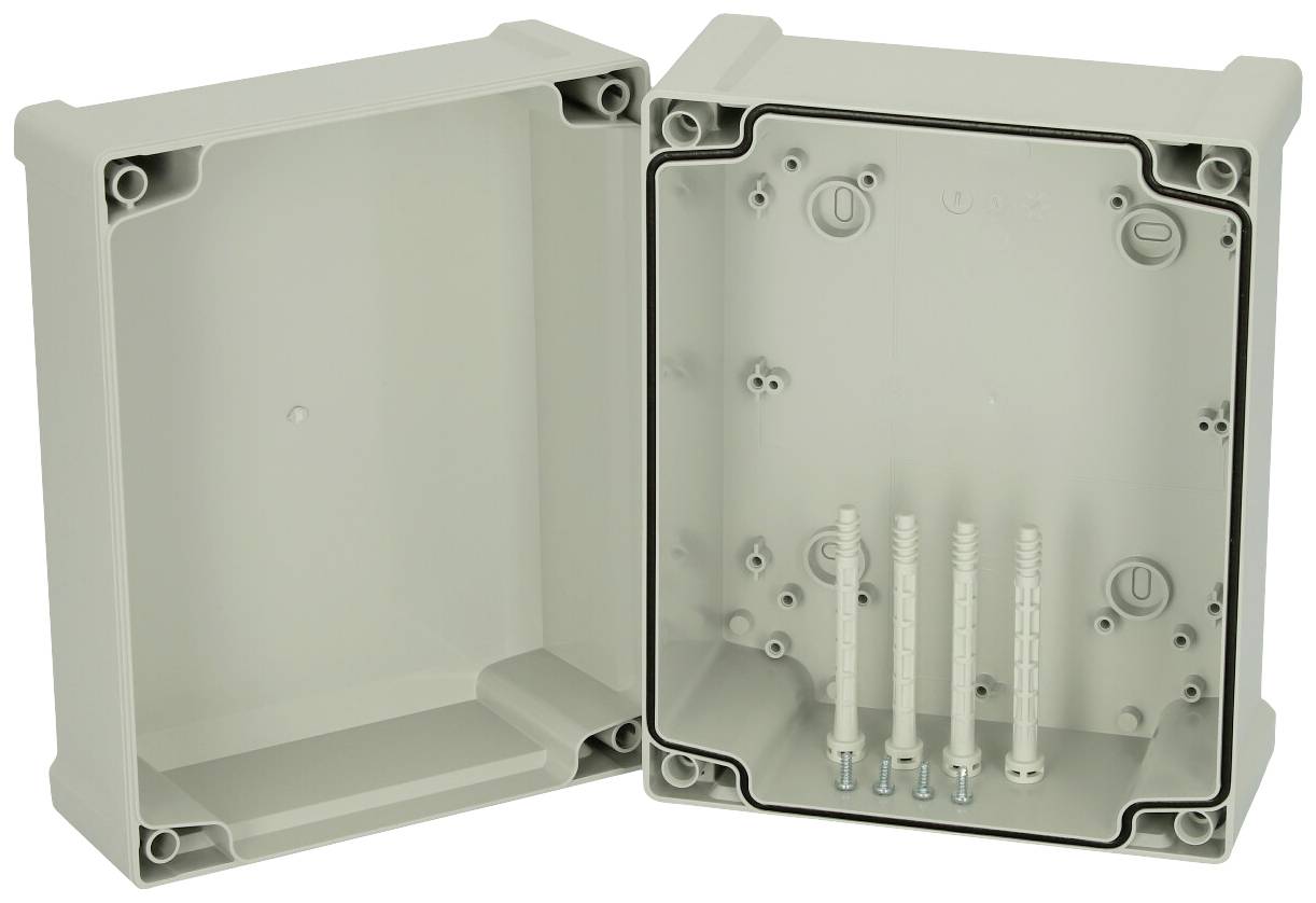 Graues, rechteckiges Anschlussgehäuse aus Kunststoff, geöffnet mit vier weißen Dübeln und vier Schrauben im Inneren.