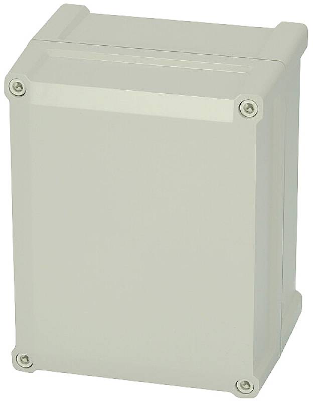 Ein rechteckiges, graues Gehäuse mit abgerundeten Ecken und vier Befestigungsschrauben, geeignet zur Elektronikunterbringung.