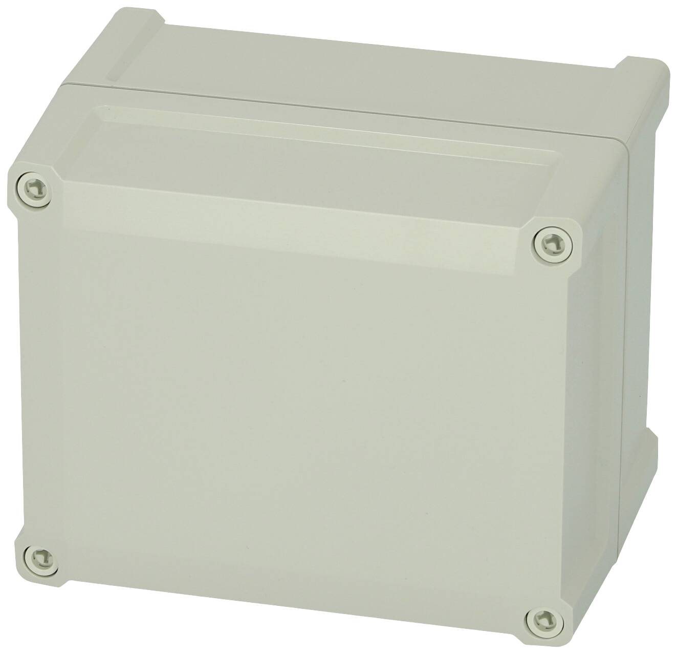 Ein hellgraues, rechteckiges Kunststoffgehäuse mit abgerundeten Ecken und vier Schrauben an den Ecken zur Befestigung.