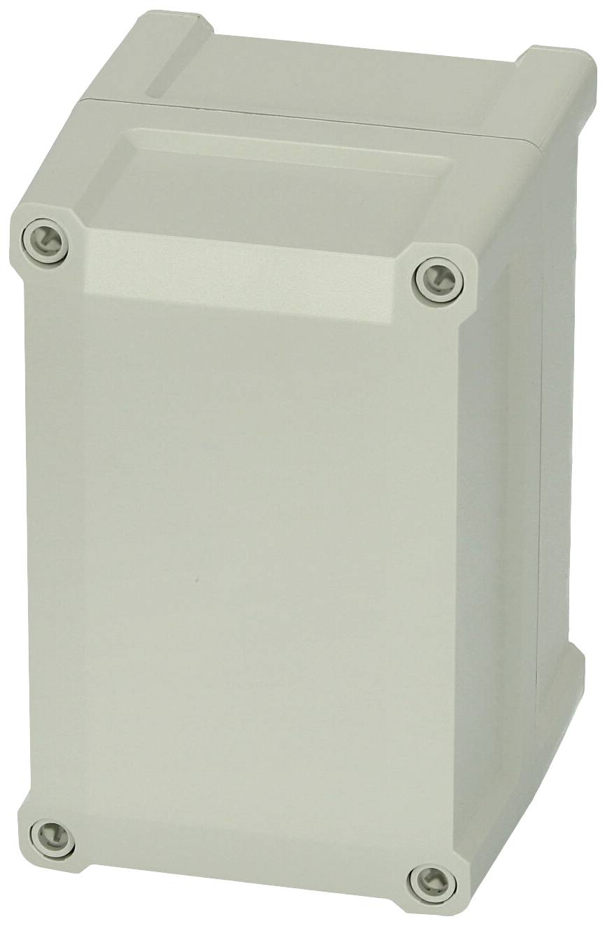 Grau-weiße rechteckige Plastikbox mit vier Metallschrauben an den Ecken.