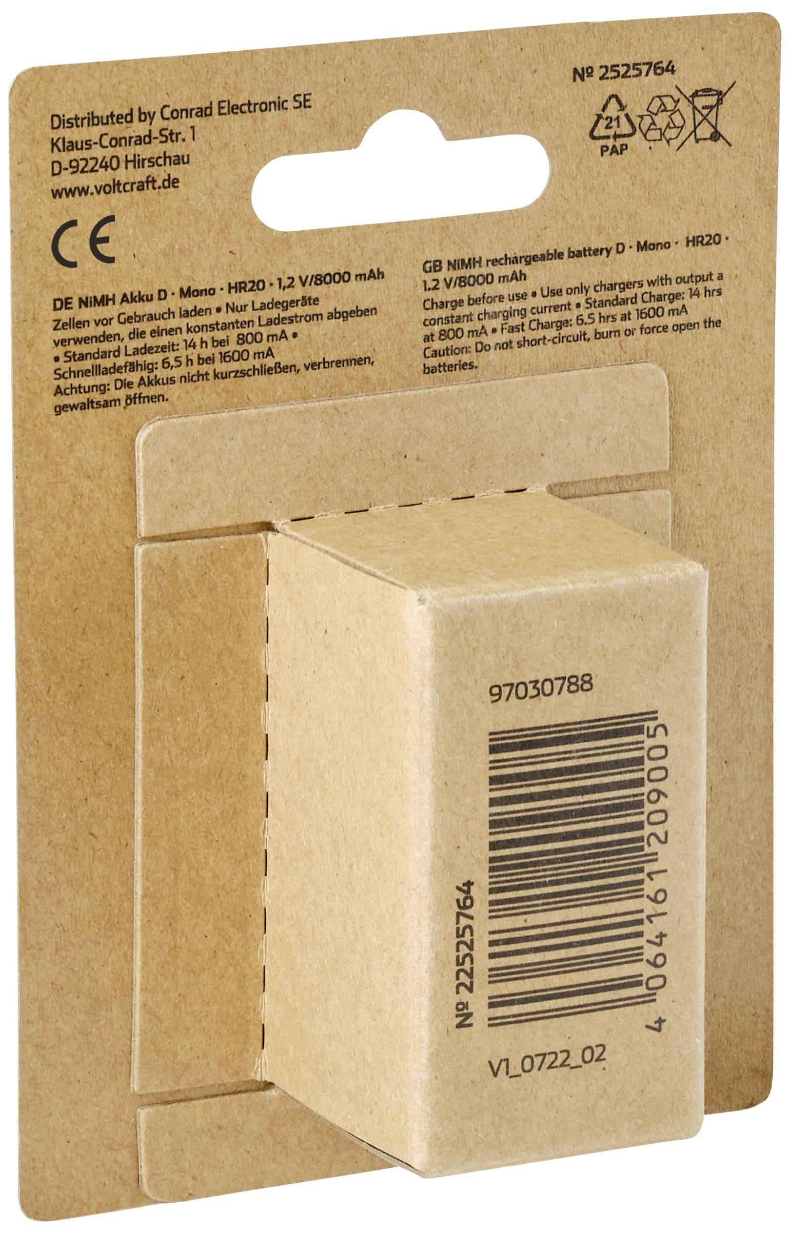 Braune Verpackung mit aufgedrucktem Barcode und Produktinformationen. Text auf der Verpackung beschreibt Batterie-Spezifikationen.