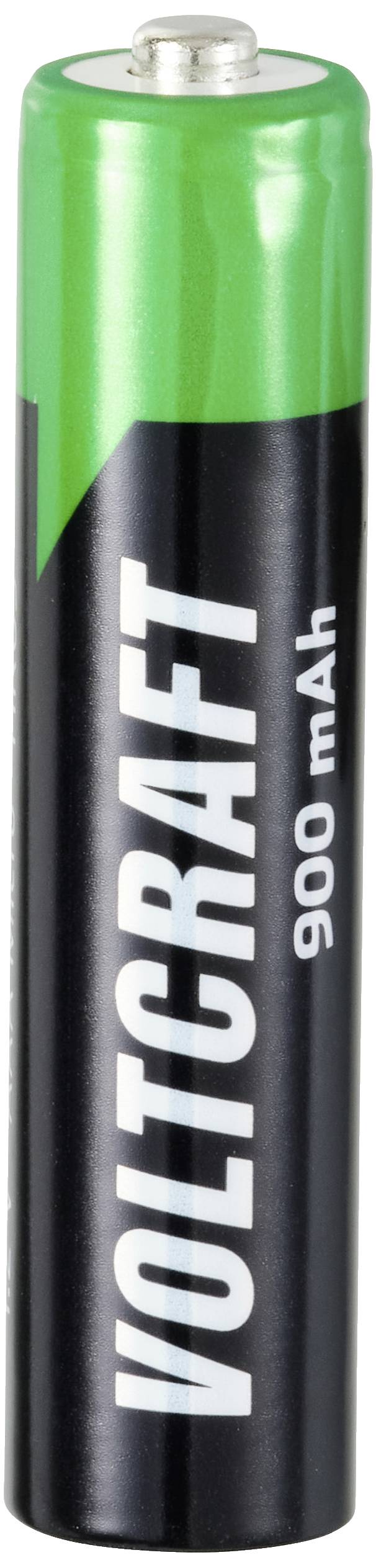 Eine grüne und schwarze AA-Batterie mit der Aufschrift 'VOLTCRAFT 900 mAh'.