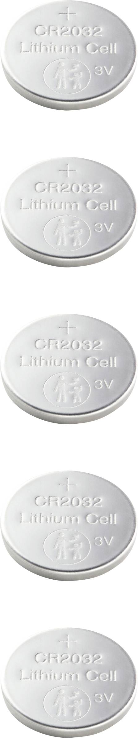 Fünf identische Lithium-Batterien (CR2032) sind vertikal angeordnet, jede zeigt die Aufschrift 'Lithium Cell CR2032 3V'.