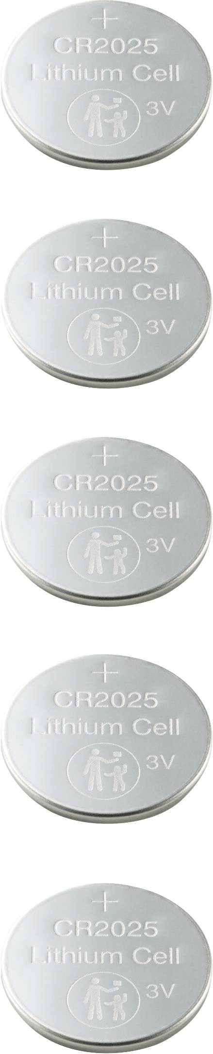 Fünf silberne Knopfzellen-Batterien, jede mit der Aufschrift 'CR2025 Lithium Cell 3V', übereinander gestapelt.