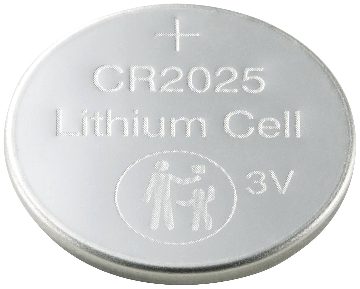 Silberne Lithium-Knopfzelle mit Gravur 'CR2025 Lithium Cell 3V' und einem Symbol von einem Erwachsenen mit Kind.