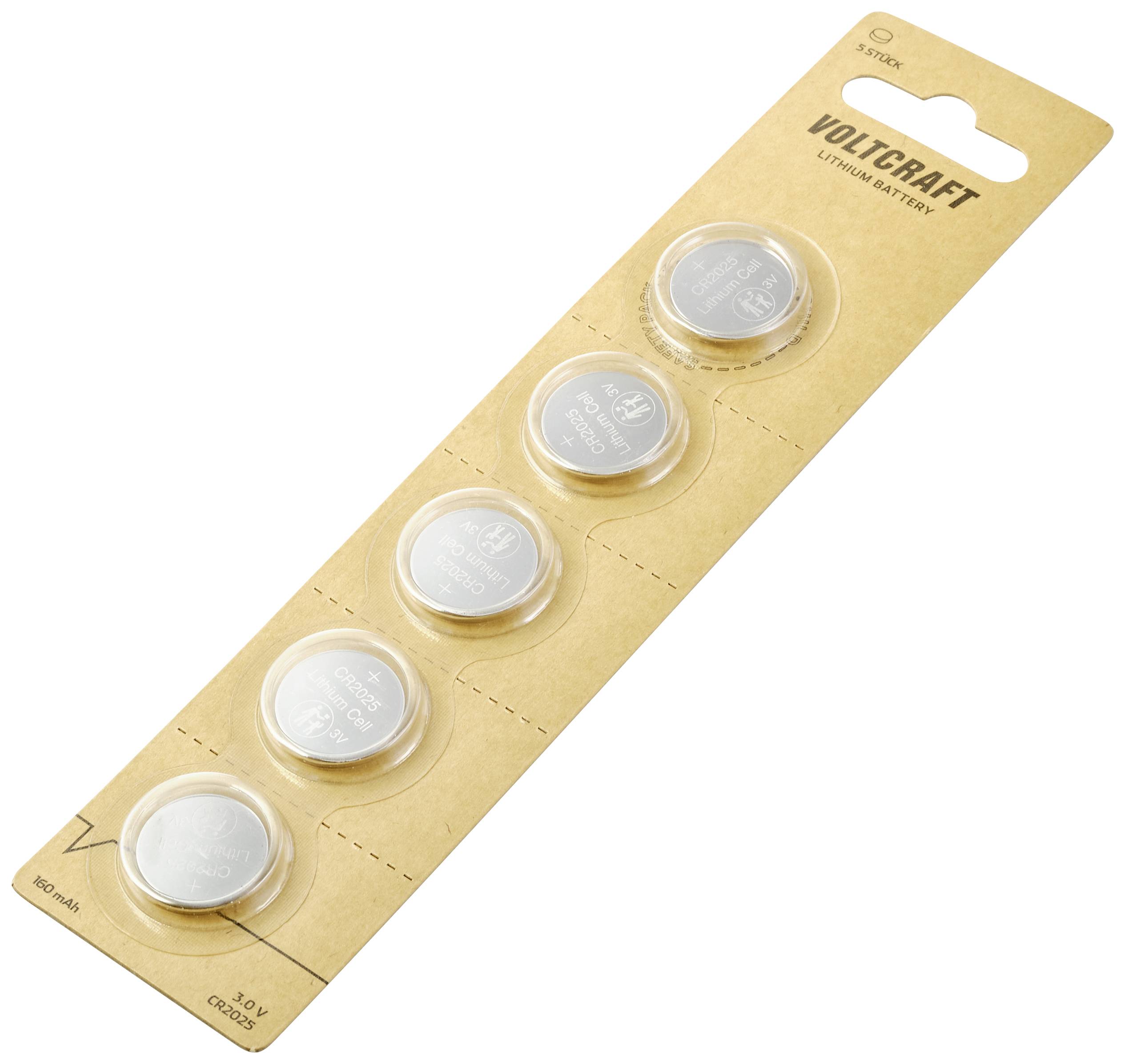 Fünf Lithium-Knopfzellen von 'Voltcraft' in einer braunen Verpackung, die vertikal aufgereiht sind. Geeignet für kleine Elektronikgeräte.