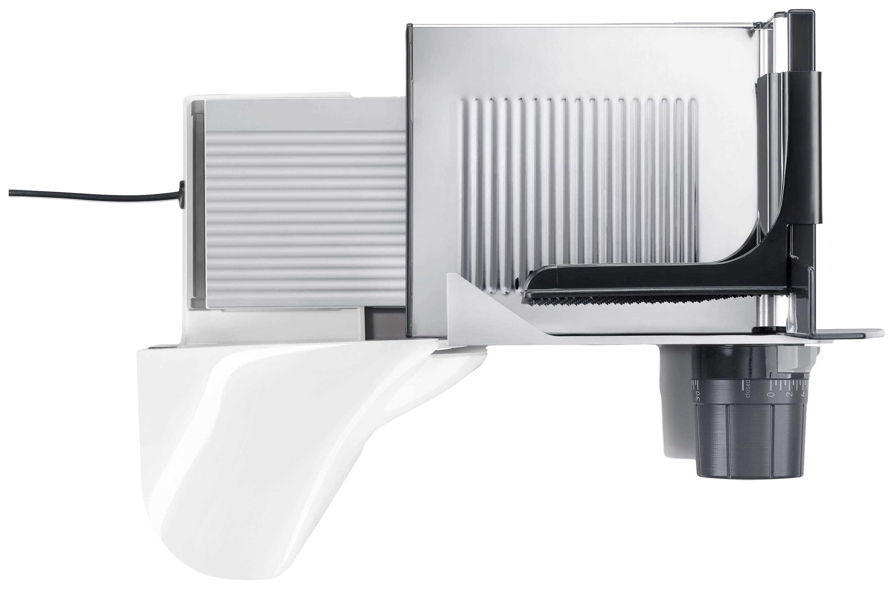 Elektrischer Allesschneider in Seitenansicht mit Metallklinge, Schutzabdeckung und Ein-/Ausschalter. Geeignet zum Schneiden von Brot.