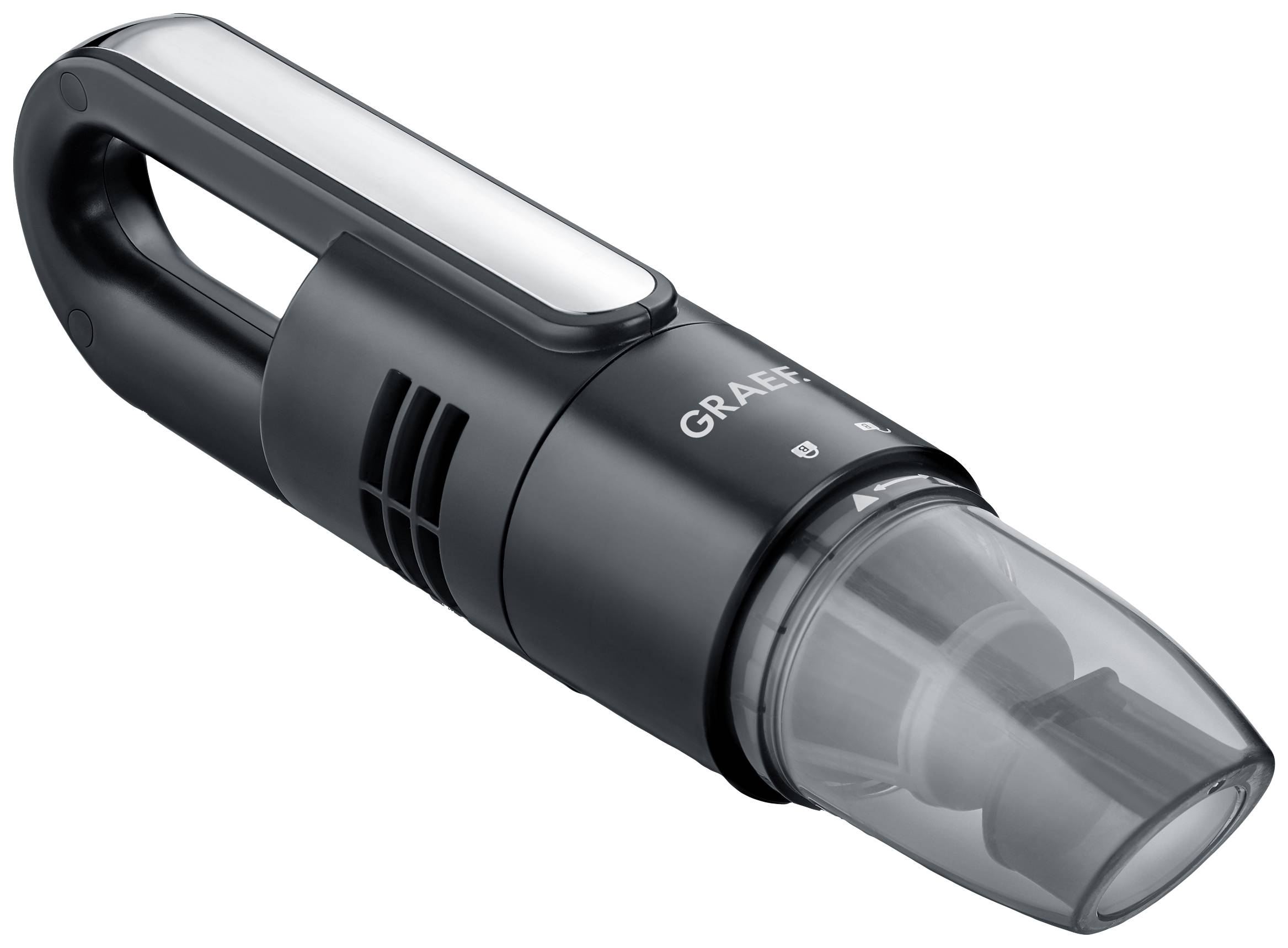 Handstaubsauger in Schwarz mit transparentem Staubbehälter und ergonomischem Griff, geeignet für kleine Reinigungsaufgaben.