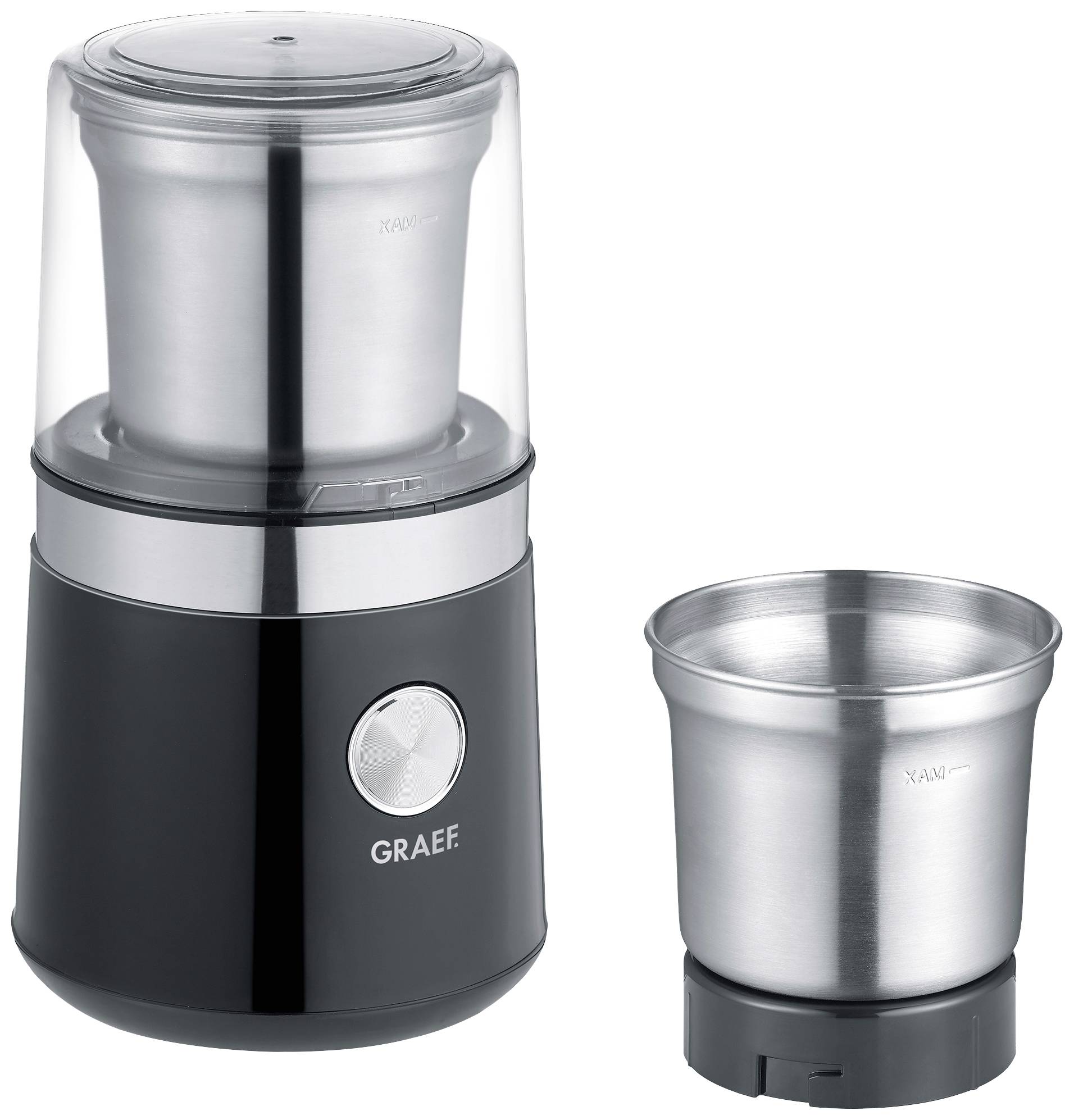 Schwarzer elektrischer Kaffeemühlen-Grinder von Graef mit zwei Edelstahlbehältern, einer montiert und einer daneben stehend.