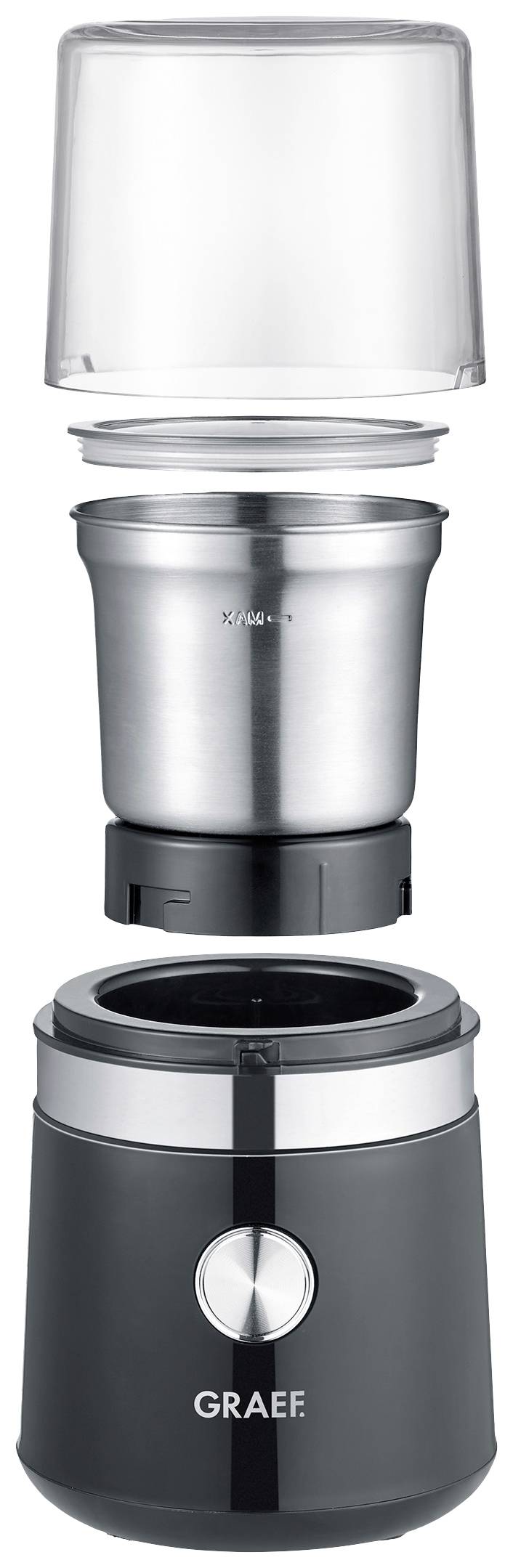 Elektrische Kaffeemühle in Einzelteilen: Deckel, Edelstahlbehälter und graues Gehäuse mit Bedienknopf, Marke 'Graef'.