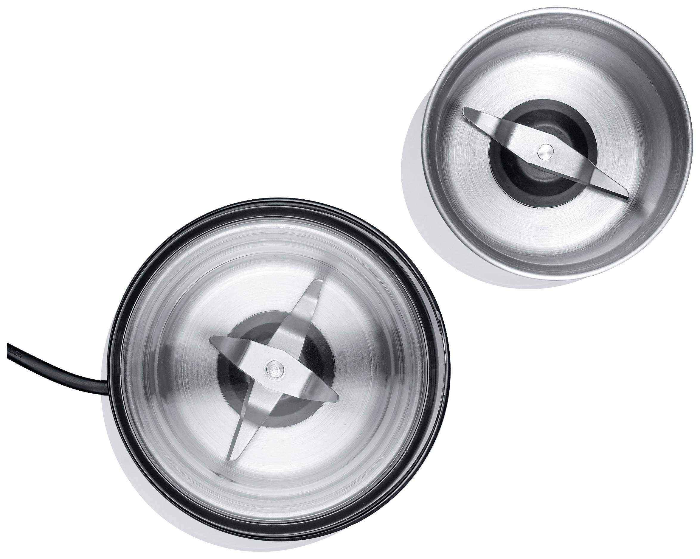 Zwei Edelstahl-Schneidaufsätze eines Mixers, einer mit angeschlossenem Kabel links, der andere ohne Kabel rechts.