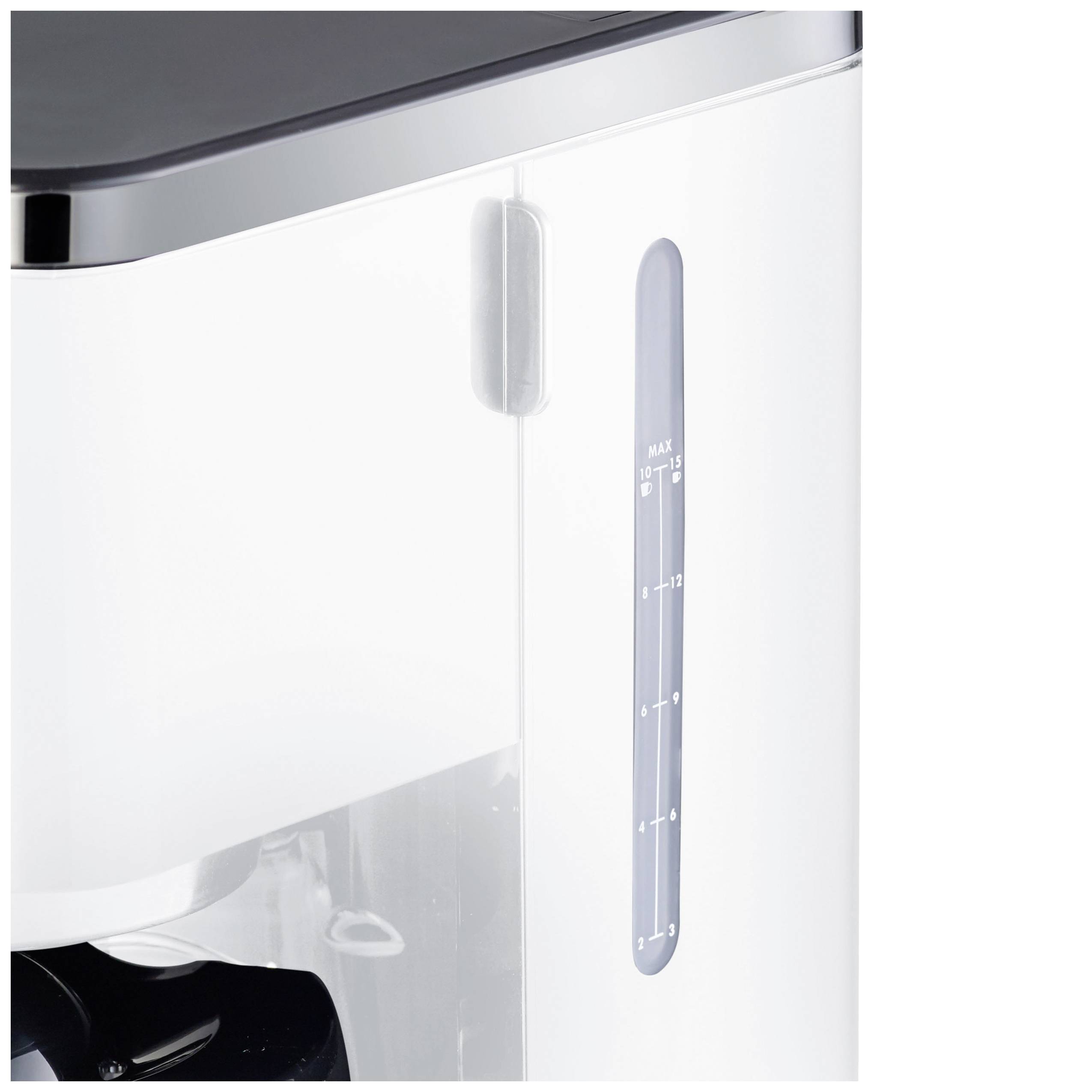Ein Teil eines weißen Küchengeräts mit einem durchsichtigen Wasserbehälter und einer vertikalen Füllstandsanzeige von 1 bis MAX.