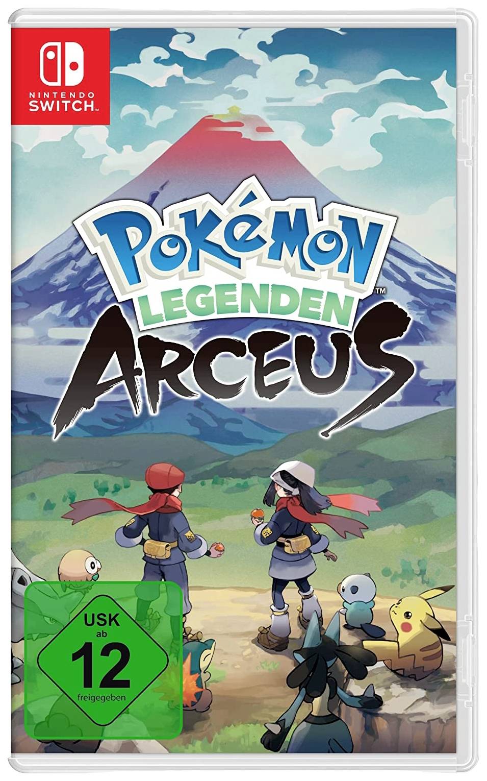 Cover des Videospiels 'Pokémon-Legenden: Arceus' für Nintendo Switch. Zwei Charaktere blicken auf eine weitläufige Landschaft mit Pokémon. USK: ab 12 Jahren.