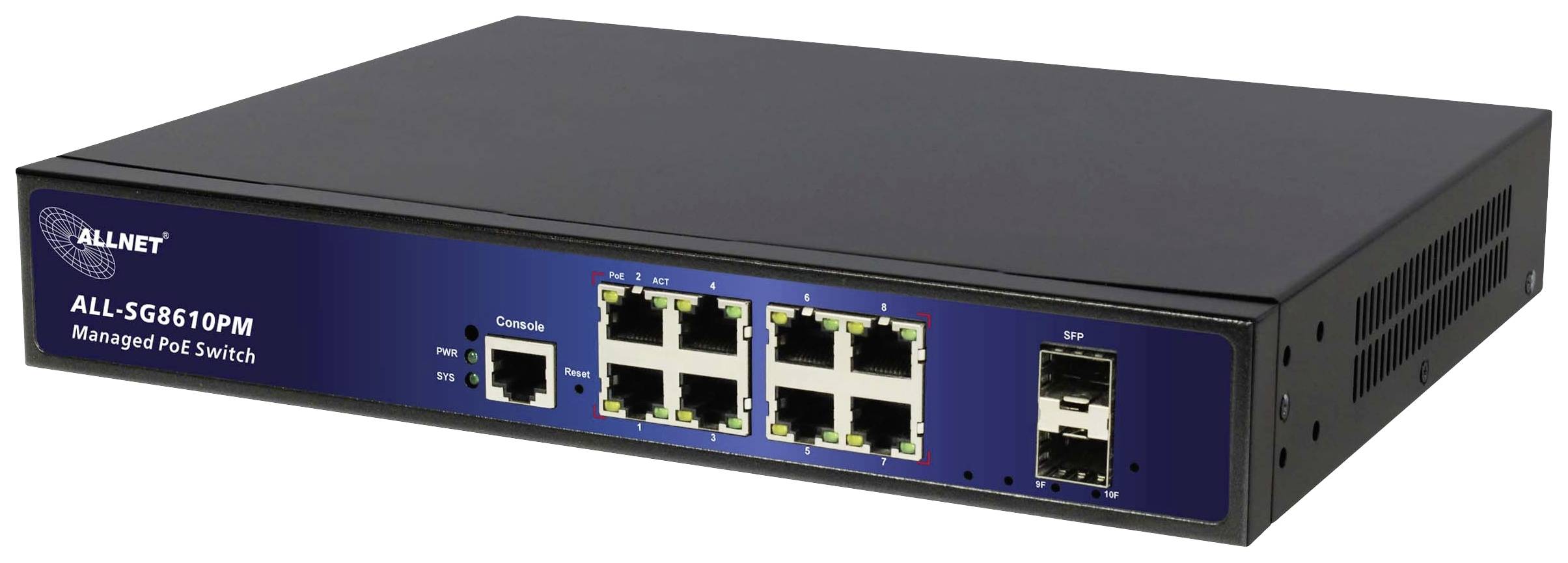 Ein schwarzer Netzwerk-Switch von ALLNET mit acht Ethernet-Anschlüssen und zwei SFP-Ports, geeignet für PoE-Anwendungen.