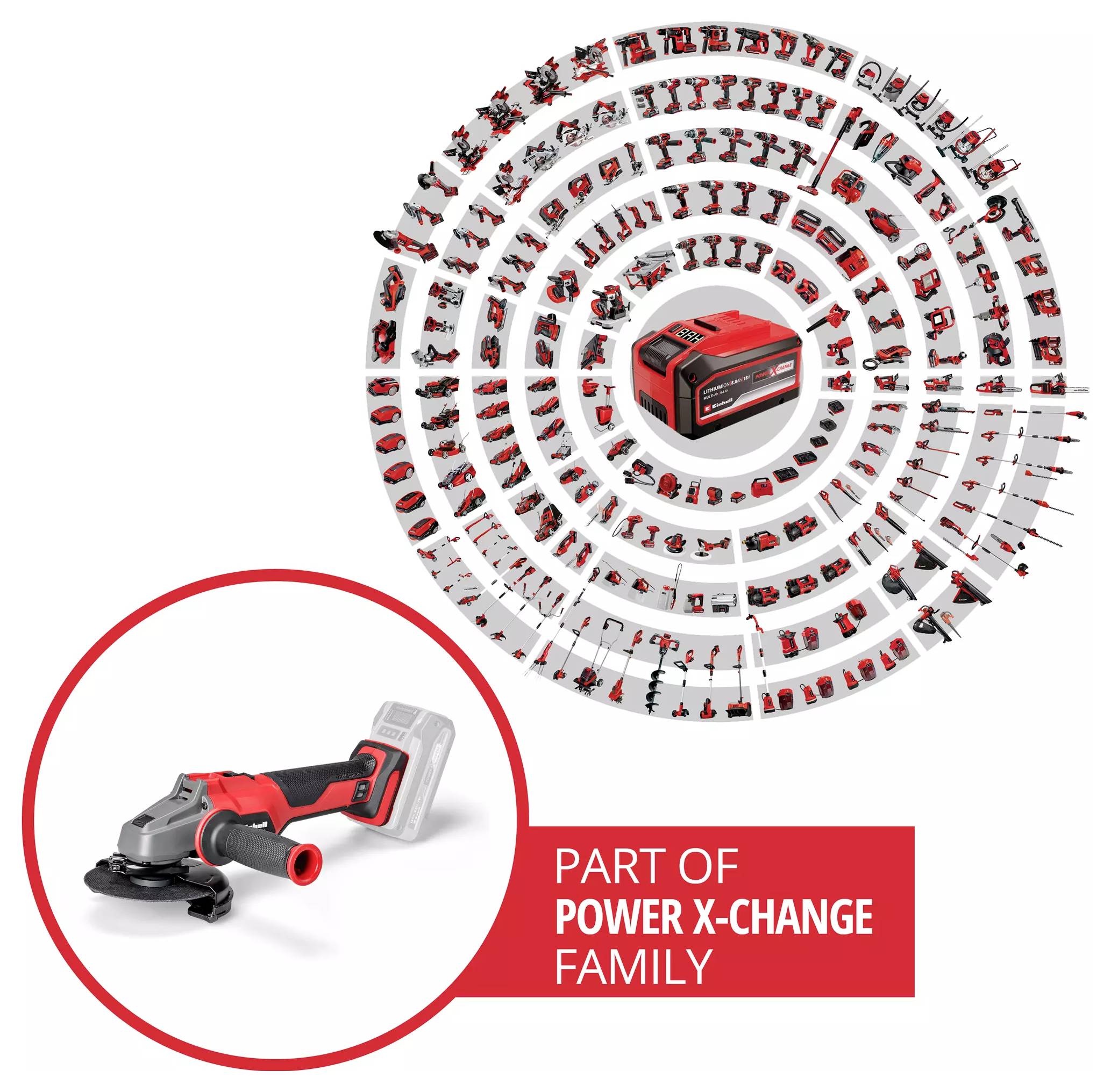 Akkuschleifer und Power X-Change Batterie vor einem spiralförmigen Display vieler Werkzeuge mit dem Text 'Part of Power X-Change Family'.