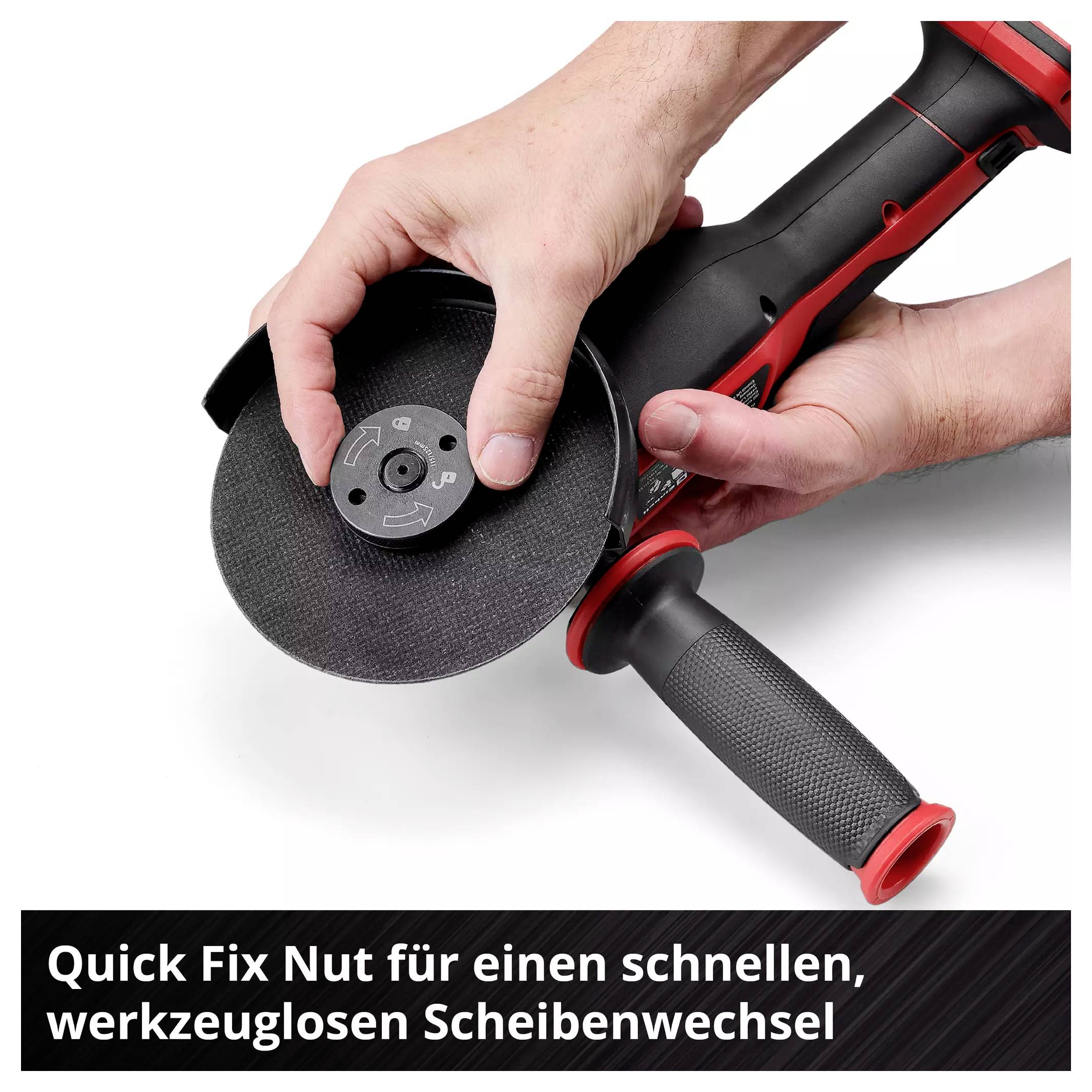 Eine Hand hält einen Winkelschleifer mit Betonung auf der 'Quick Fix Nut' für schnellen, werkzeuglosen Scheibenwechsel.