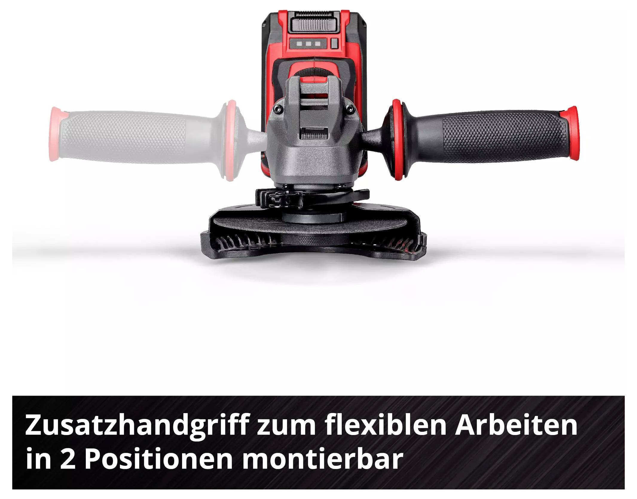 Ein Elektrowerkzeug mit Zusatzhandgriff ist abgebildet, optimiert für flexibles Arbeiten. Der Handgriff kann in zwei Positionen montiert werden.