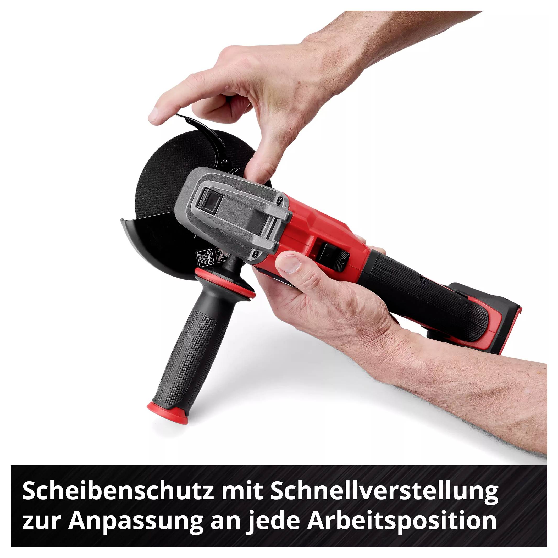 Eine Hand hält einen Winkelschleifer mit rotem Griff und verstellbarem Scheibenschutz. Text: 'Scheibenschutz mit Schnellverstellung zur Anpassung an jede Arbeitsposition'.