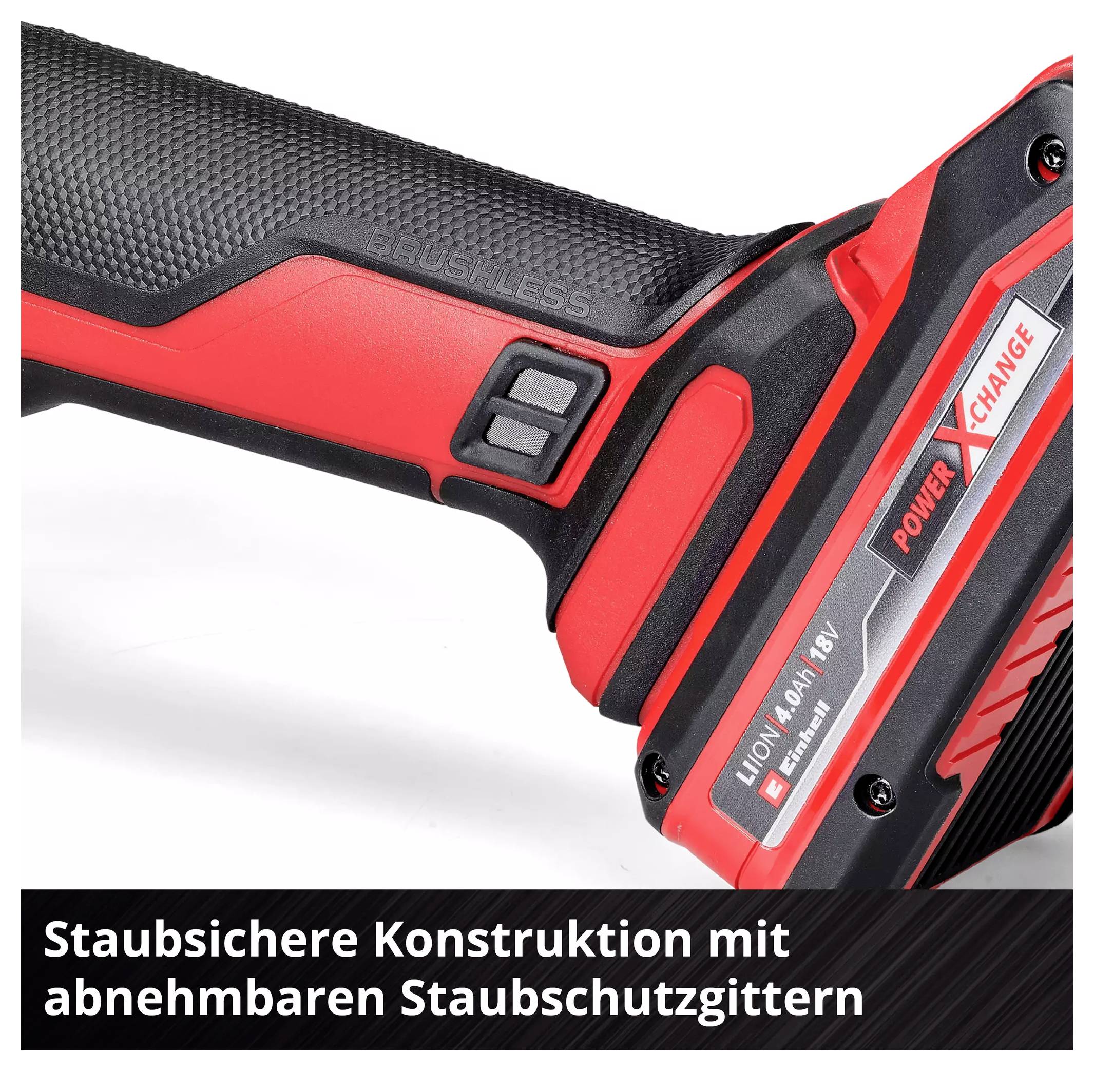 Akkubohrmaschine mit abnehmbaren Staubschutzgittern, rotes und schwarzes Design, LITHIUM 4.0 Ah Akku, POWER X-CHANGE System.