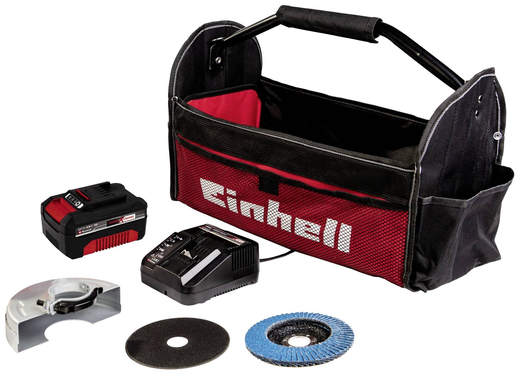 Tragetasche mit Einhell-Logo, inkl. Akku, Ladegerät und Zubehör; ideal für Elektrowerkzeugnutzer.