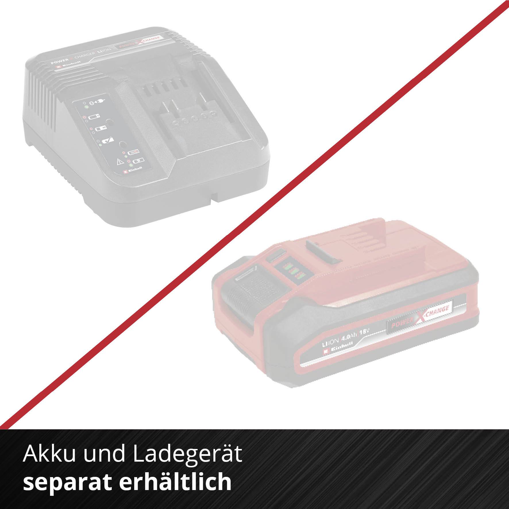 Akku und Ladegerät sind separat erhältlich; abgebildet sind ein Ladegerät und ein Akku, getrennt durch eine rote Diagonale.
