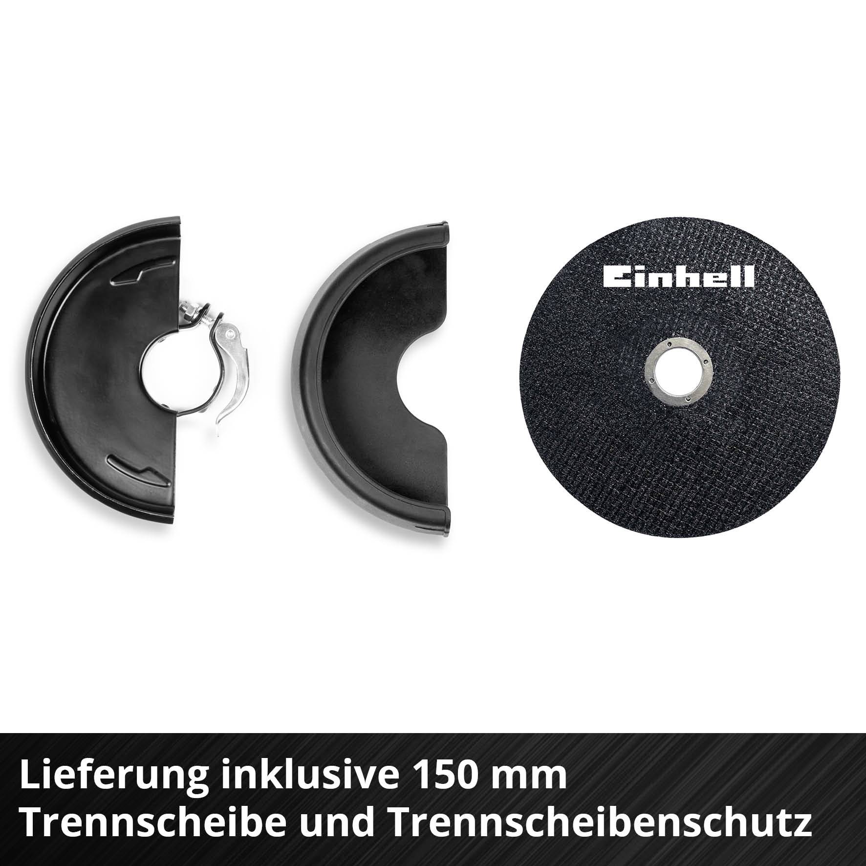 Einhell 150-mm-Trennscheibe mit Trennscheibenschutz; Produktabbildung mit zwei Schutzhauben und einer Scheibe, Hinweis auf Lieferumfang inklusive Schutz und Scheibe.