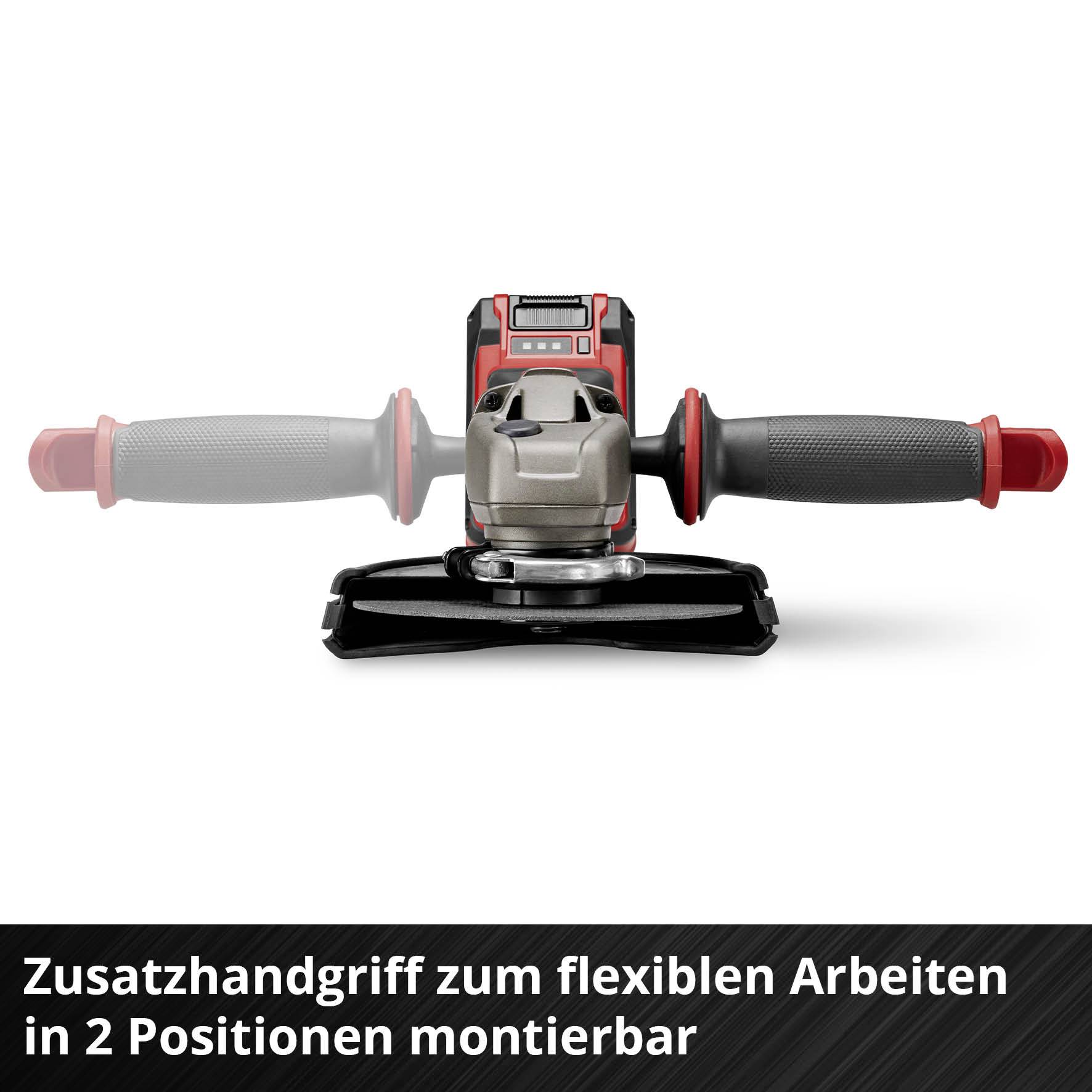 Akku-Winkelschleifer mit Zusatzhandgriff; der Griff ist für flexibles Arbeiten in zwei Positionen montierbar.