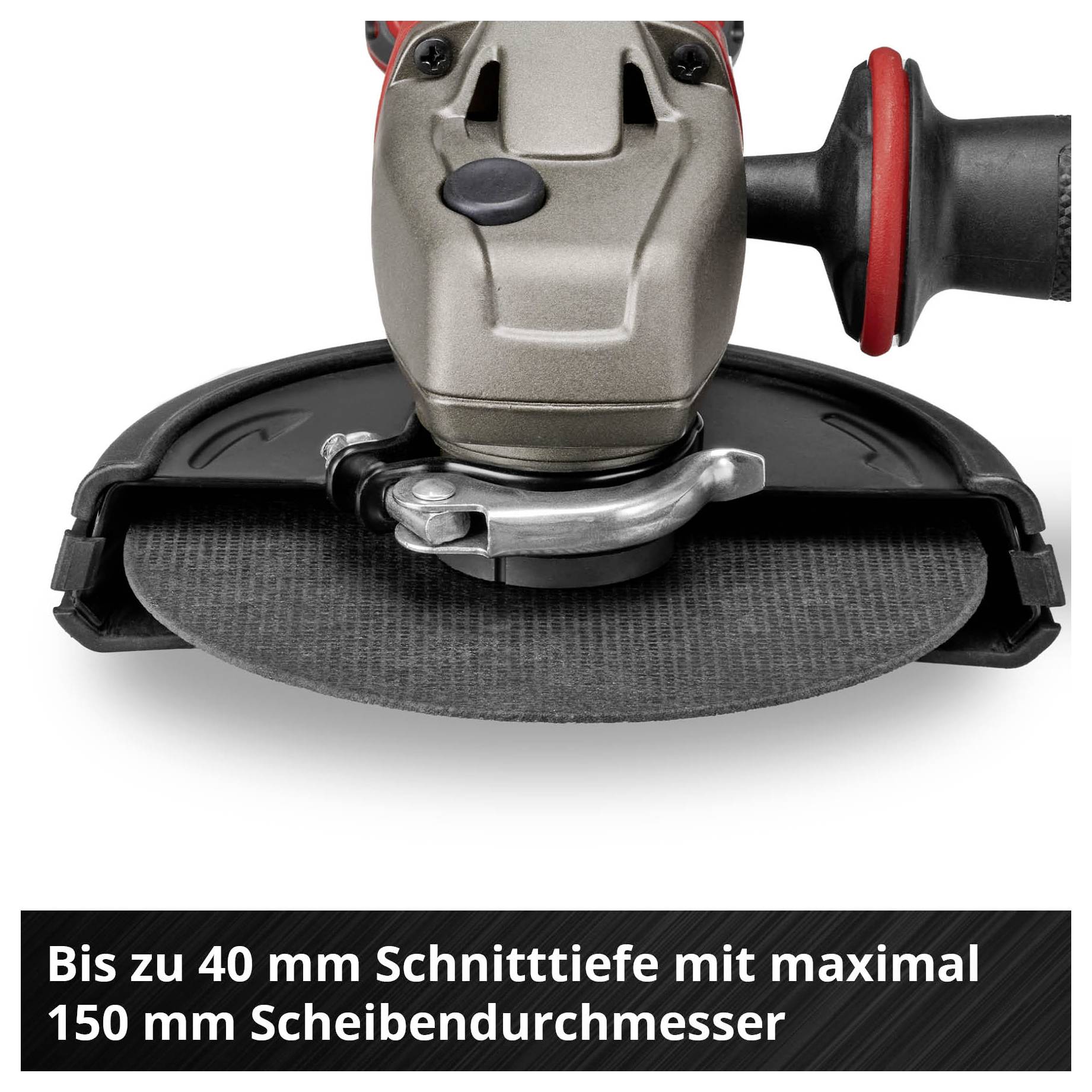 Winkelschleifer mit Trennscheibe; Text nennt Schnitttiefe bis 40 mm bei maximal 150 mm Scheibendurchmesser.