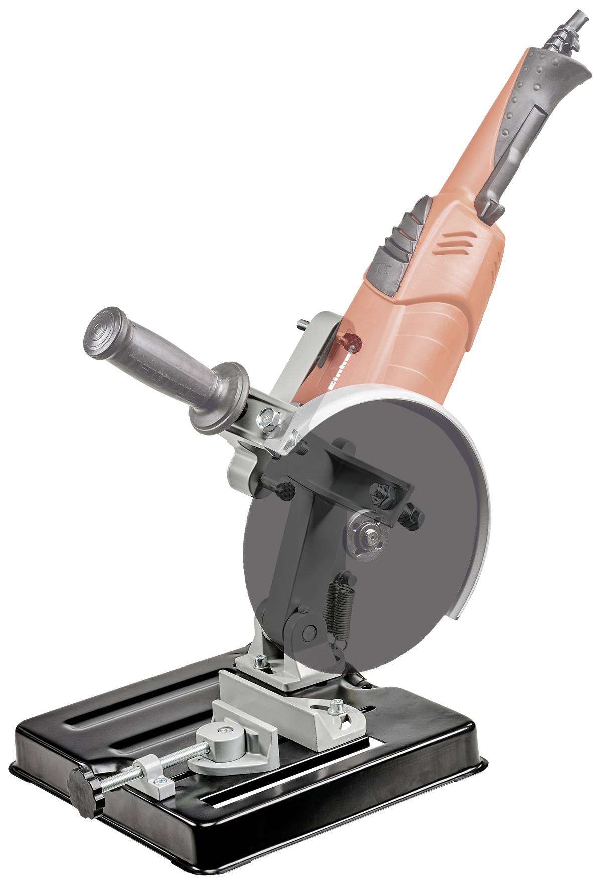 Elektrische Metallkappsäge mit Schutzabdeckung und Griff auf einem schwarzen Sockel, geeignet zum Trennen von Metallrohren.